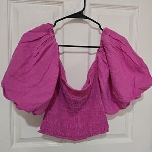 Young Fabulous & Broke Hot Pink Puff Sleeve Smocked Crop Top